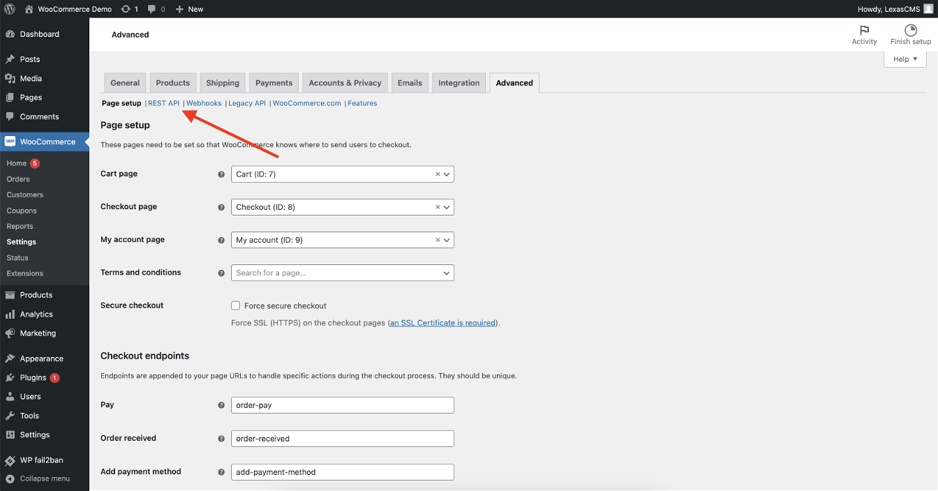 Navigate to REST API settings in WooCommerce admin panel