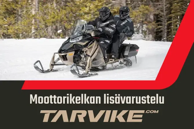 moottorikelkan lisävarustelu. kuvassa kaksi ihmistä yamaha moottorikelkan