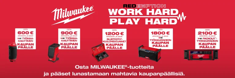 milwaukee red emption work hard play hard -kampanja. ostamalla milwaukee tuotteita pääset lunastamaan kaupan päällisiä