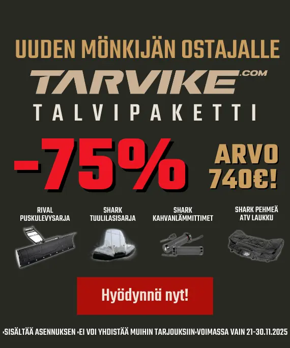 Tarvike.com mönkijän talvipaketti, johon kuuluu puskulevysarja, tuulilasisarja, kahvanlämmittimet ja atv laukku