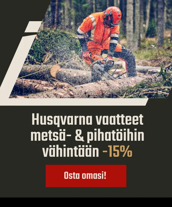 mies sahaamassa kaatuneita puita moottorisahalla metsässä metsurin vaatteet päällä. kuvan tekstissä sanotaan Husqvarna vaatteet metsä- ja pihatöihin alennushinnoin