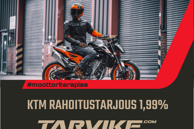 Hyödynnä rajoitetun ajan KTM rahoitustarjous – 1,99 % nimelliskorko valituissa KTM-malleissa. Tarjous voimassa 18.06.2025 asti. Tämä rahoitus on saatavilla kaikkiin katumalleihin.