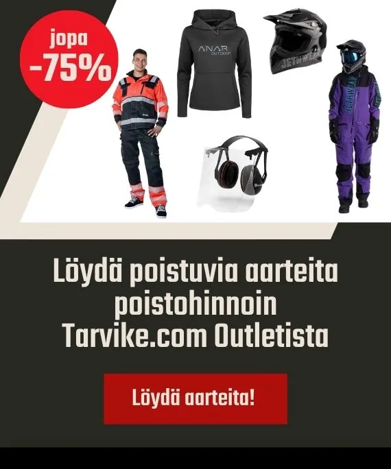 tarvike.com outletista poistuvia tuotteita poistohinnoin, jopa -75%. kuvassa työvaatteet, huppari, kelkkailukypärä, kelkkahaalari ja kuulosuojaimet