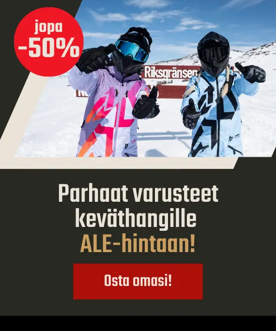 kuvassa kaksi naista kelkkailuvarusteet päällä talvimaisemissa. kuvassa lukee "parhaat varusteet keväthangille Ale-hintaan!"